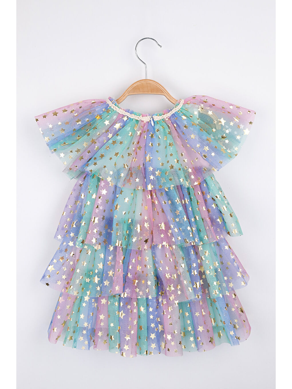 Karışık Çok Renkli Yıldız Baskılı Katlı Tül Kız Çocuk Elbise - Estela-5