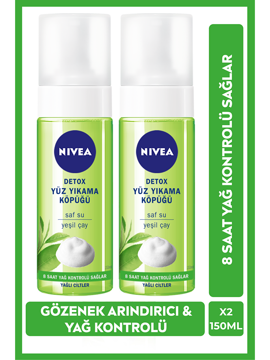Detox Yüz Temizleme Köpüğü 150ml, Arındırıcı, Yağ Kontrolü, Yeşil Çay, Yağlı Ciltler, X2 Adet-5