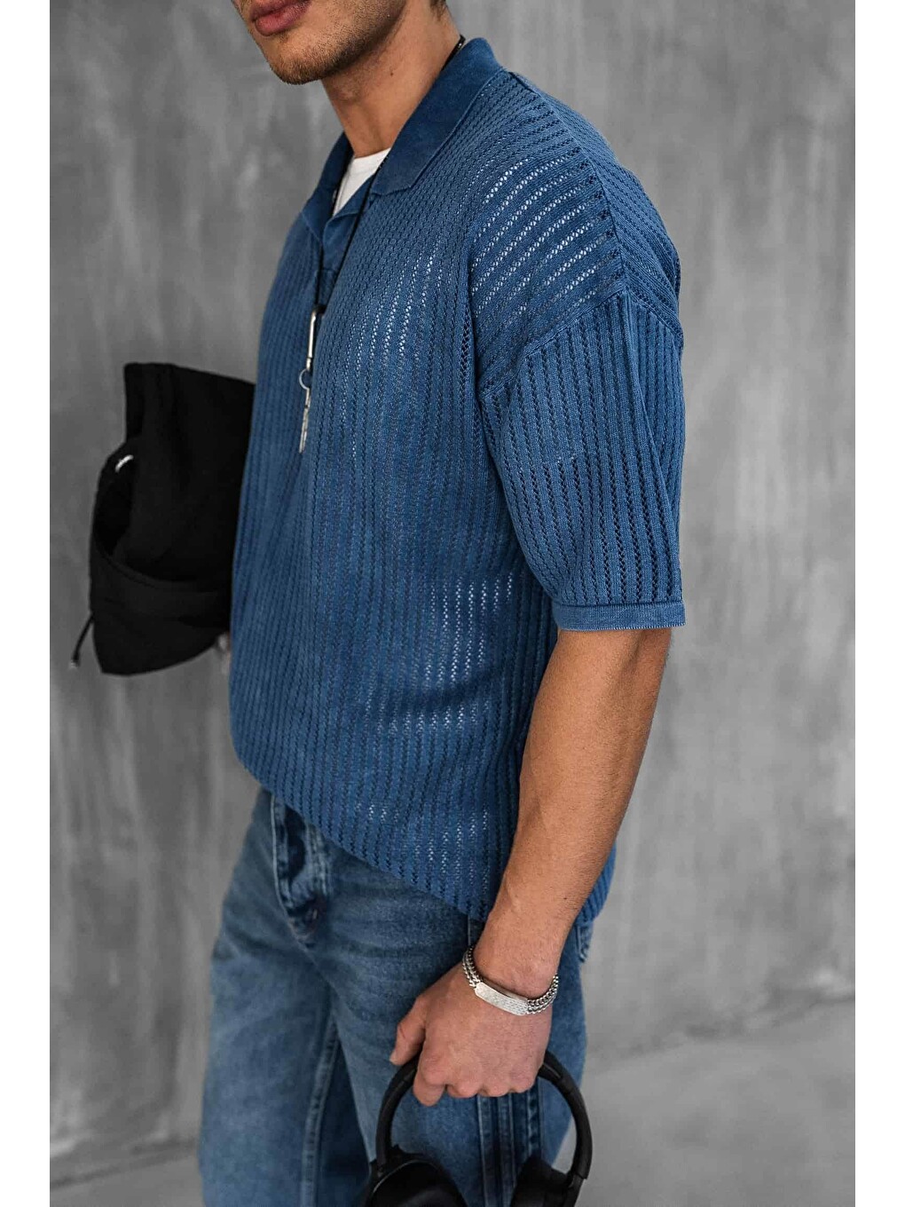 Erkek Polo Yaka Regular Fit Triko Tişört Koyu Mavi-5