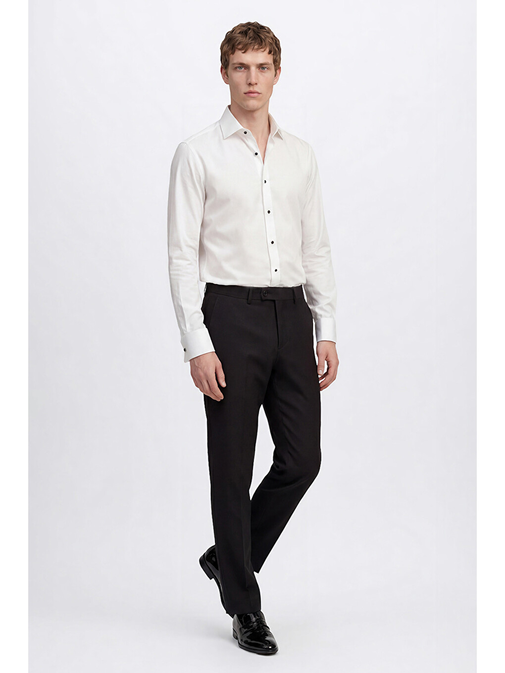 Erkek Beyaz Pamuklu Slim Fit Dar Kesim Ata Yaka Esnek Gömlek-1