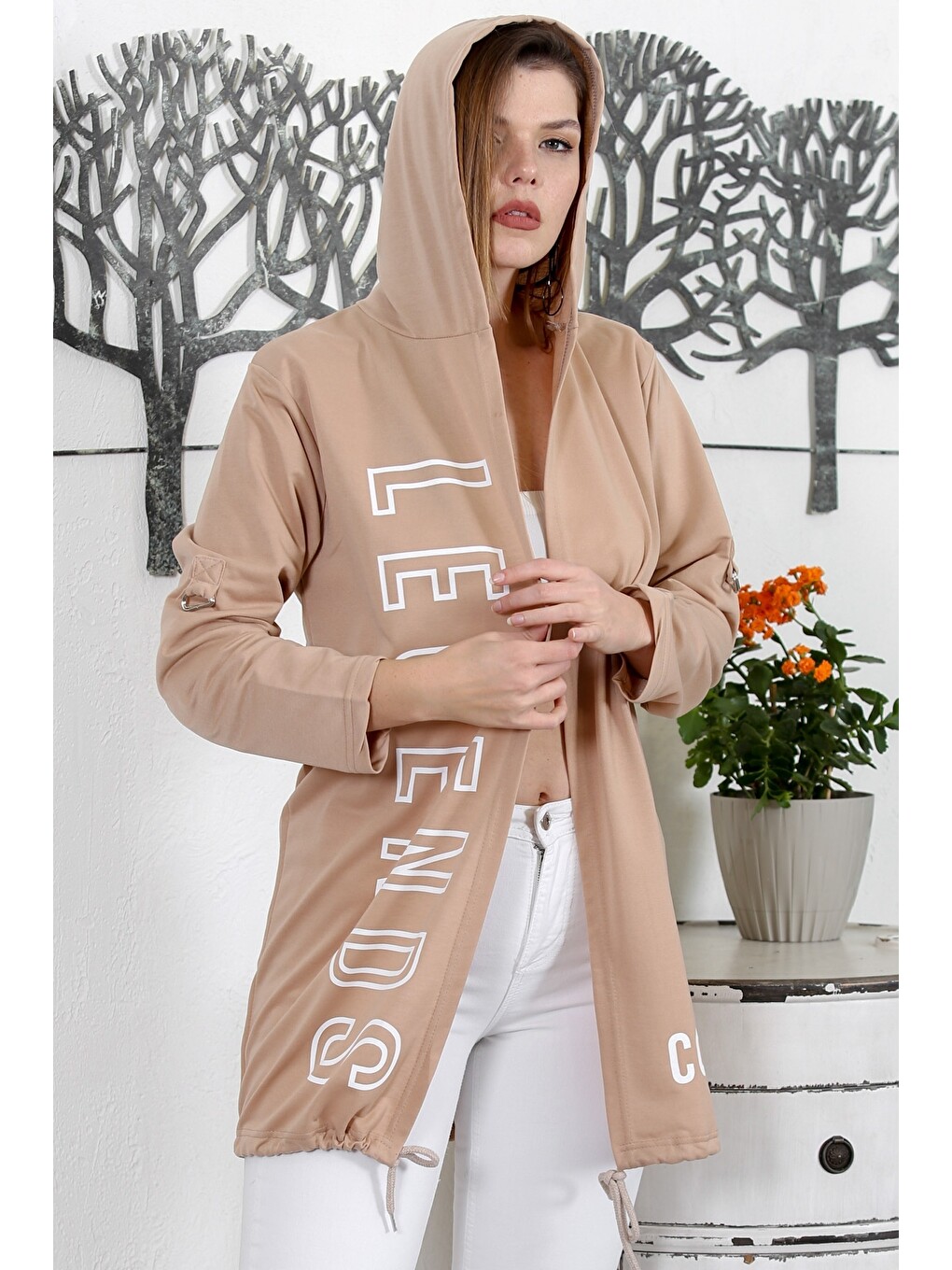 Kahverengi Camel Kapüşonlu Uzun Kol Baskılı Örme Casual Kapüşonlu Ceket