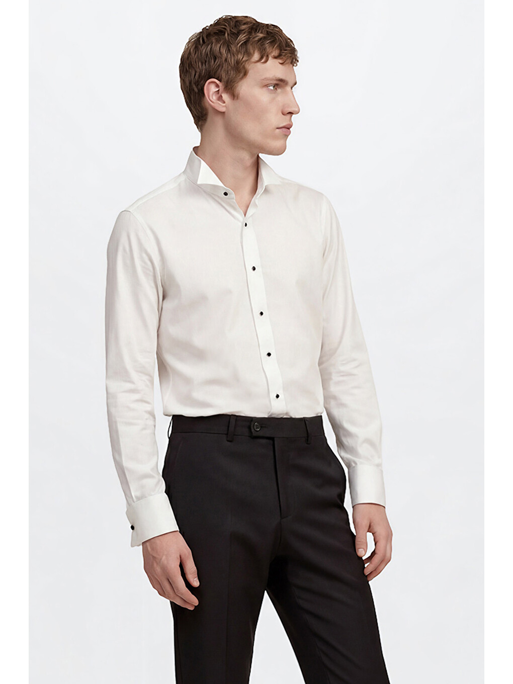 Erkek Beyaz Pamuklu Slim Fit Dar Kesim Ata Yaka Esnek Gömlek-2