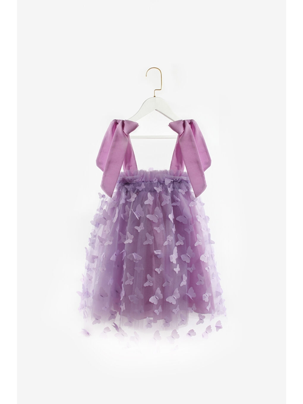 Lila Omuzdan Bağlamalı Kelebek Aplikeli Kız Çocuk Elbise - Nikki-1