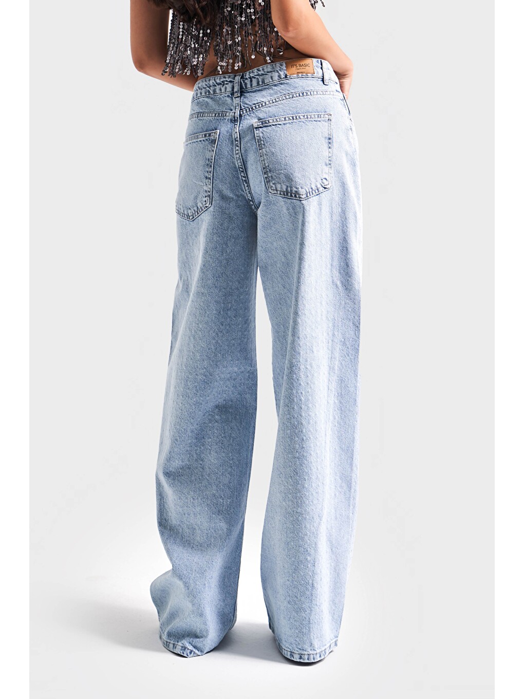 Kadın Mavi Renk Önü Ful Parlak Taşlı Palazzo Fit Denim Jean-2