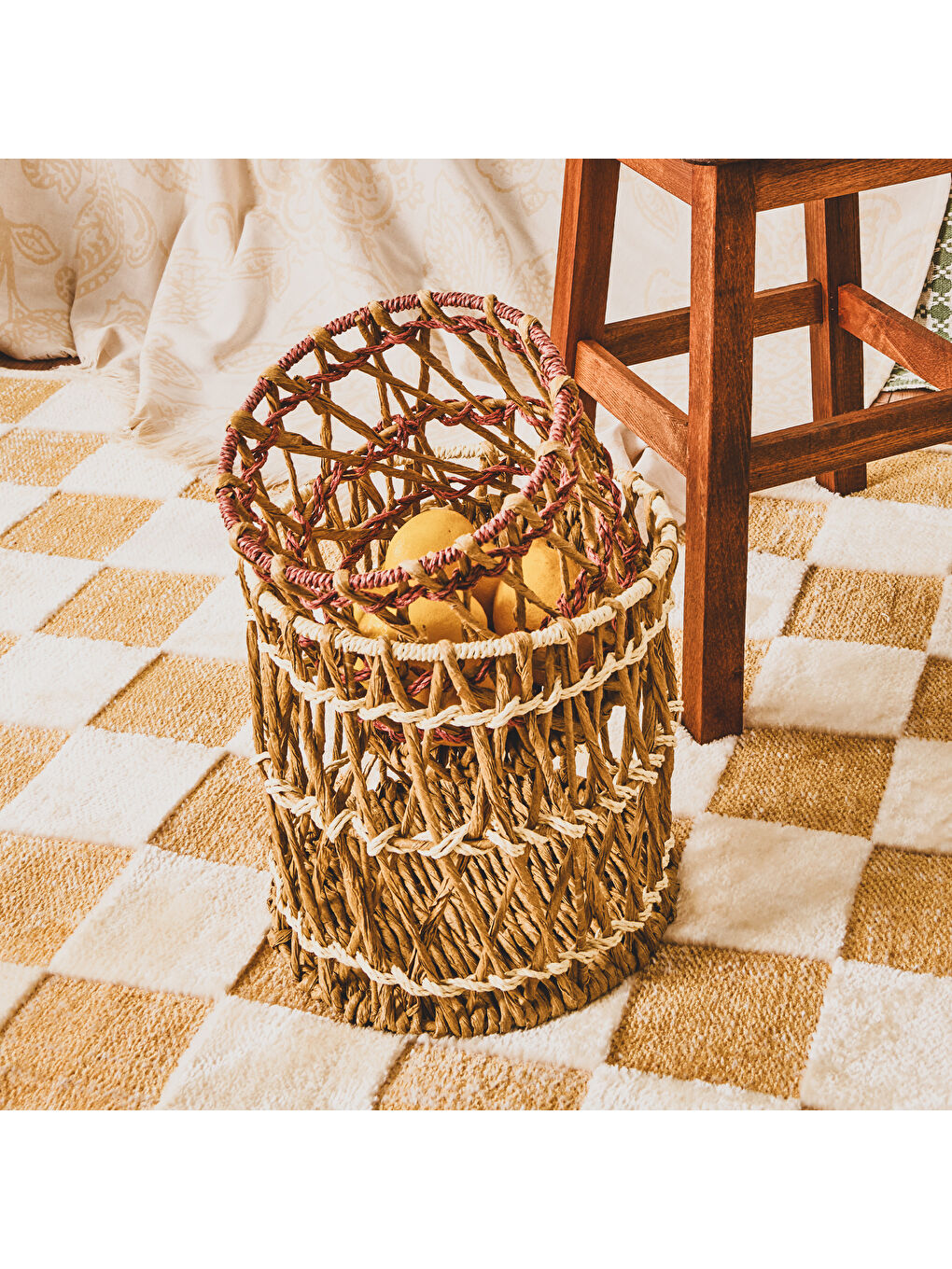 Granny Summer Büyük Silindir Dekoratif Sepet - Bej - 25x25 cm