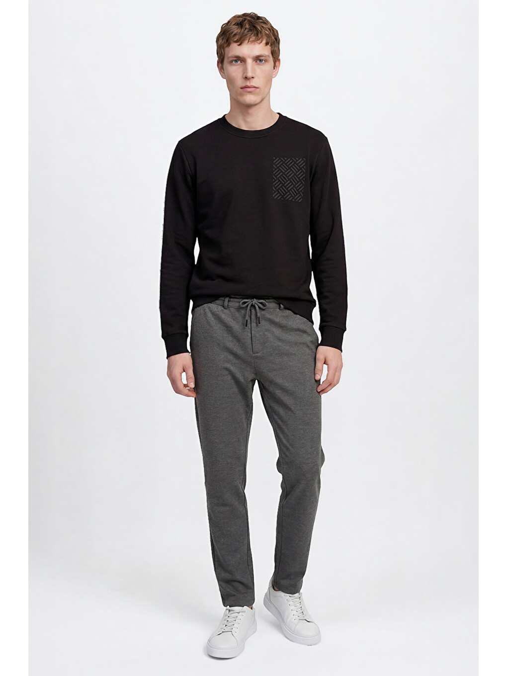 Erkek Siyah Pamuklu Standart Fit Normal Kesim Bisiklet Yaka Sweatshirt-1