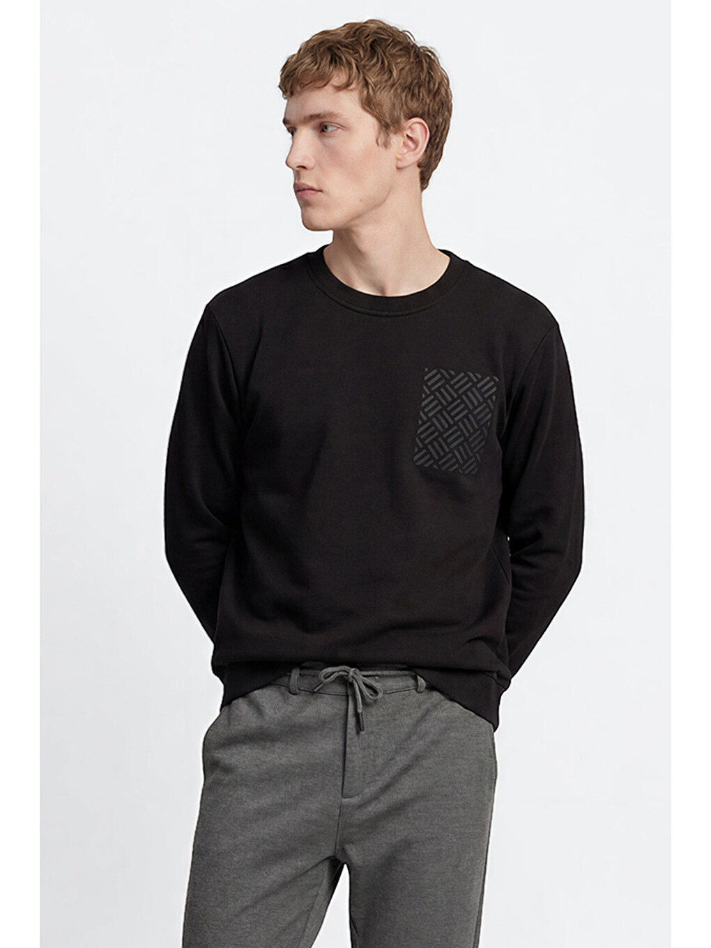 Erkek Siyah Pamuklu Standart Fit Normal Kesim Bisiklet Yaka Sweatshirt-2
