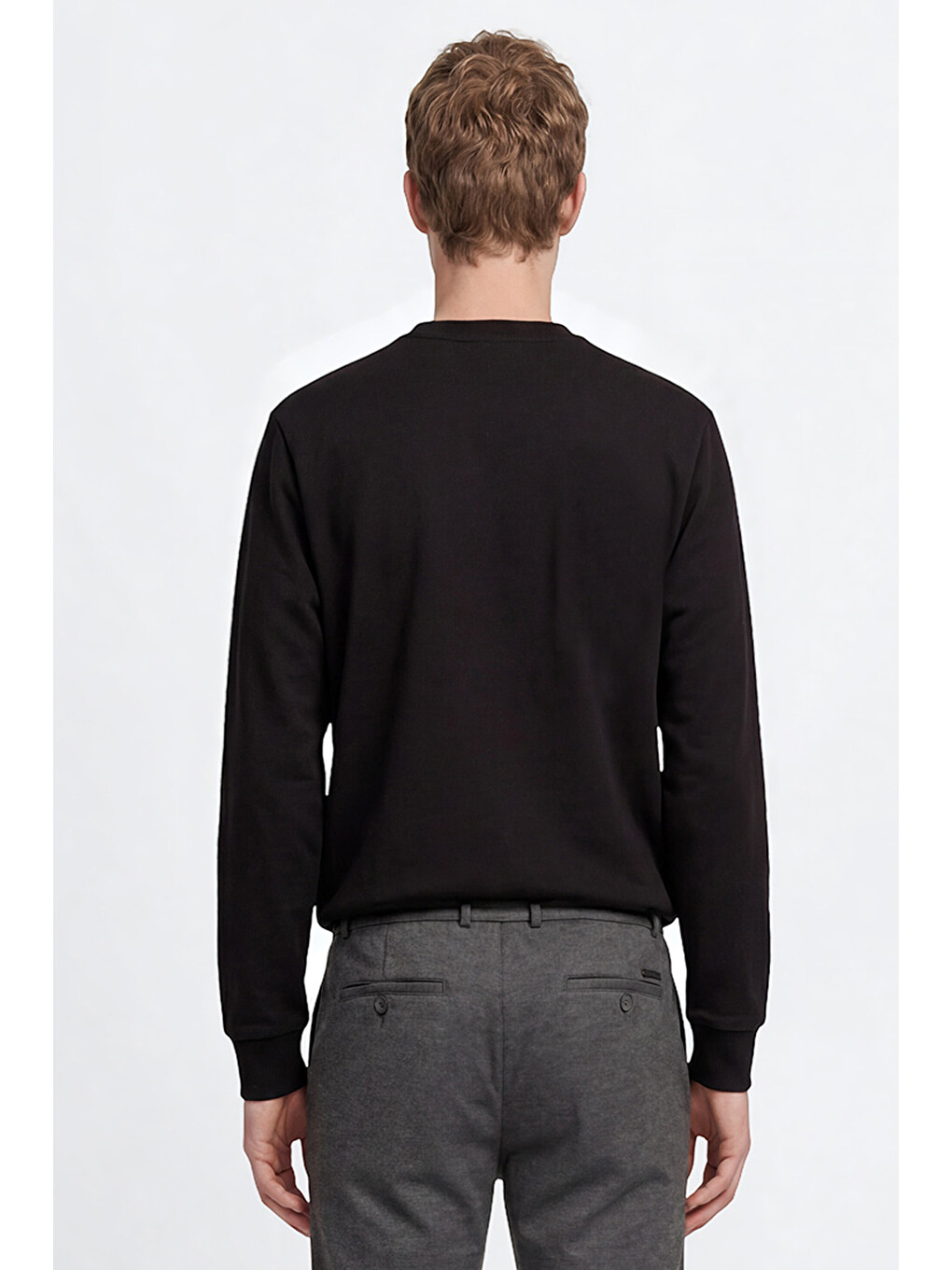 Erkek Siyah Pamuklu Standart Fit Normal Kesim Bisiklet Yaka Sweatshirt-4