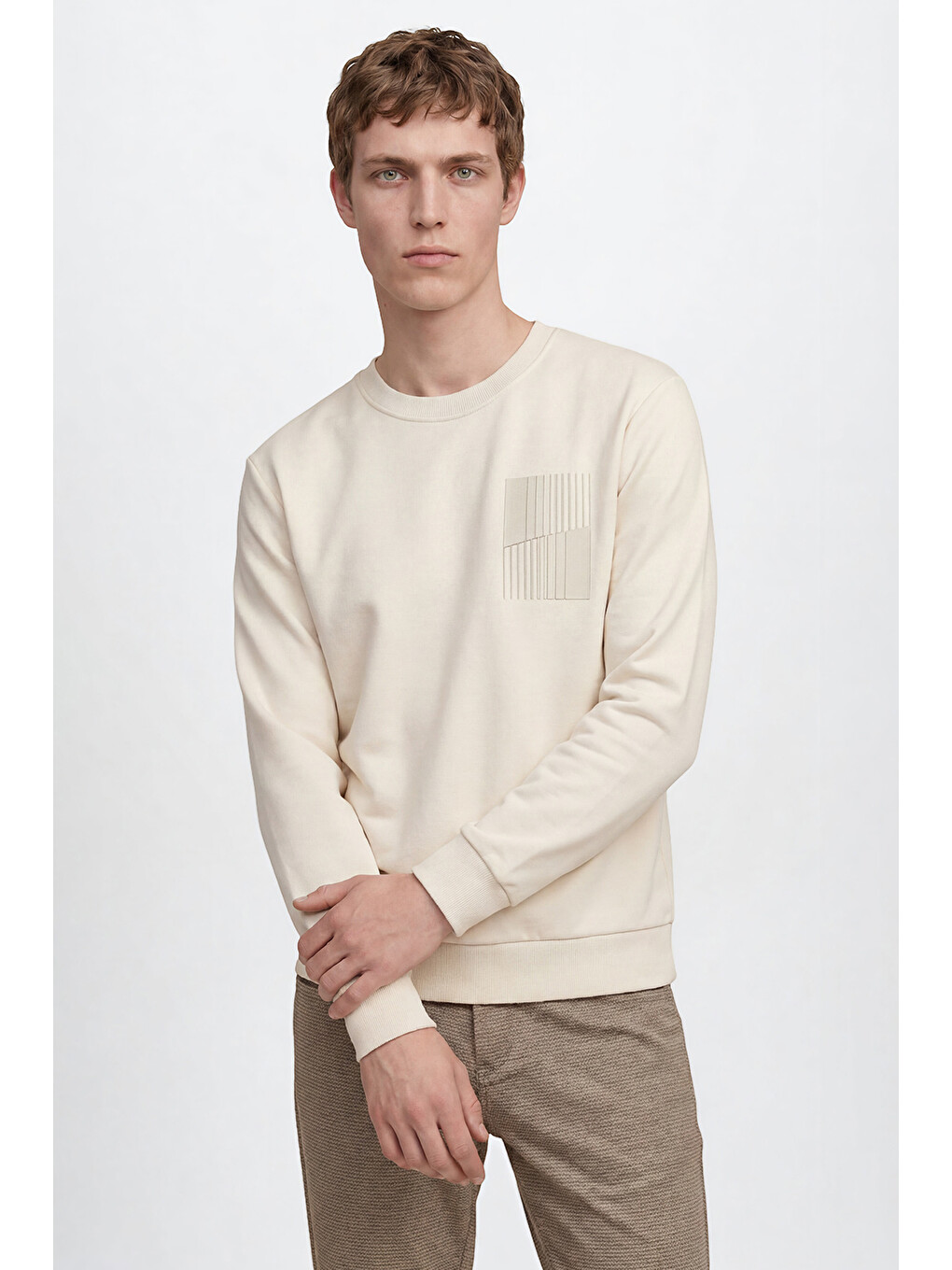 Bej Erkek Taş Pamuklu Standart Fit Normal Kesim Bisiklet Yaka Sweatshirt