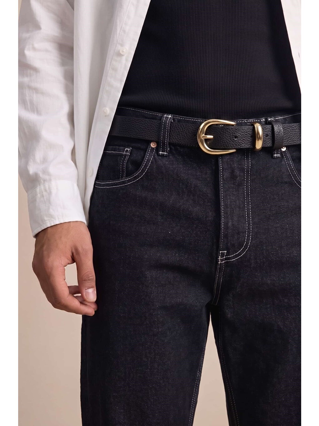 Erkek Modern İnce Gold Tokalı Casual Kemer Siyah-1