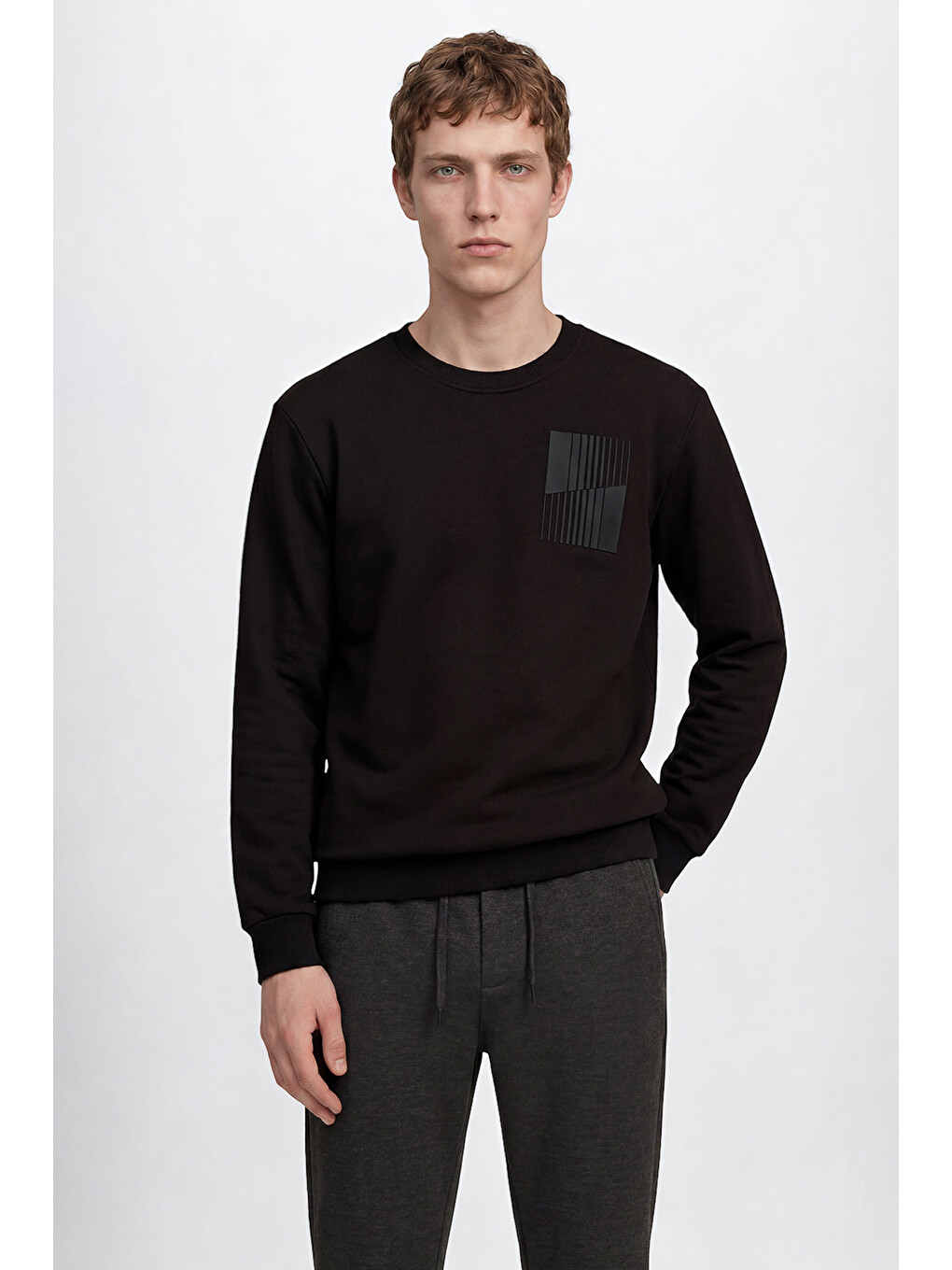 Erkek Siyah Pamuklu Standart Fit Normal Kesim Bisiklet Yaka Sweatshirt
