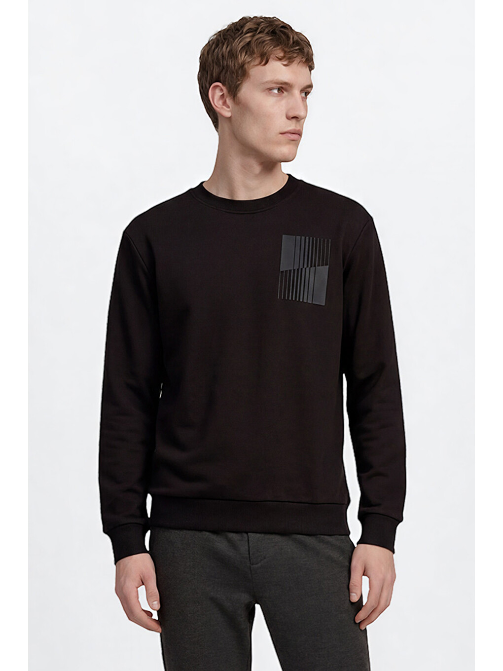 Erkek Siyah Pamuklu Standart Fit Normal Kesim Bisiklet Yaka Sweatshirt-1