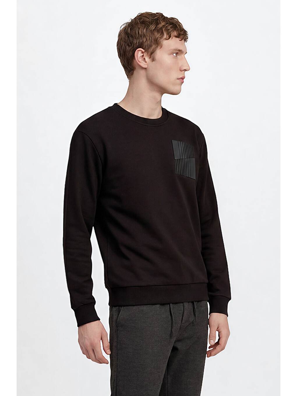 Erkek Siyah Pamuklu Standart Fit Normal Kesim Bisiklet Yaka Sweatshirt-2