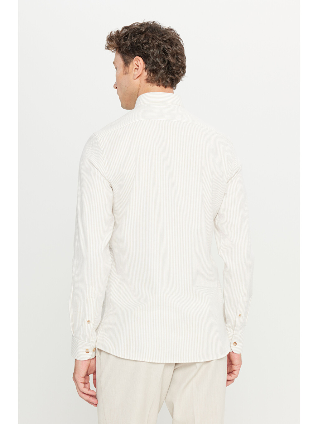 Erkek Ekru-bej %100 Pamuk Flanel Slim Fit Dar Kesim Gizli Düğmeli Yaka Çizgili Gömlek-4
