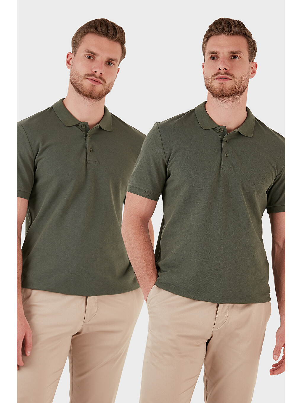 Haki Pamuk Regular Fit Düğmeli 2'li Paket Polo Yaka %100 Pamuk Tişört 5902127S2