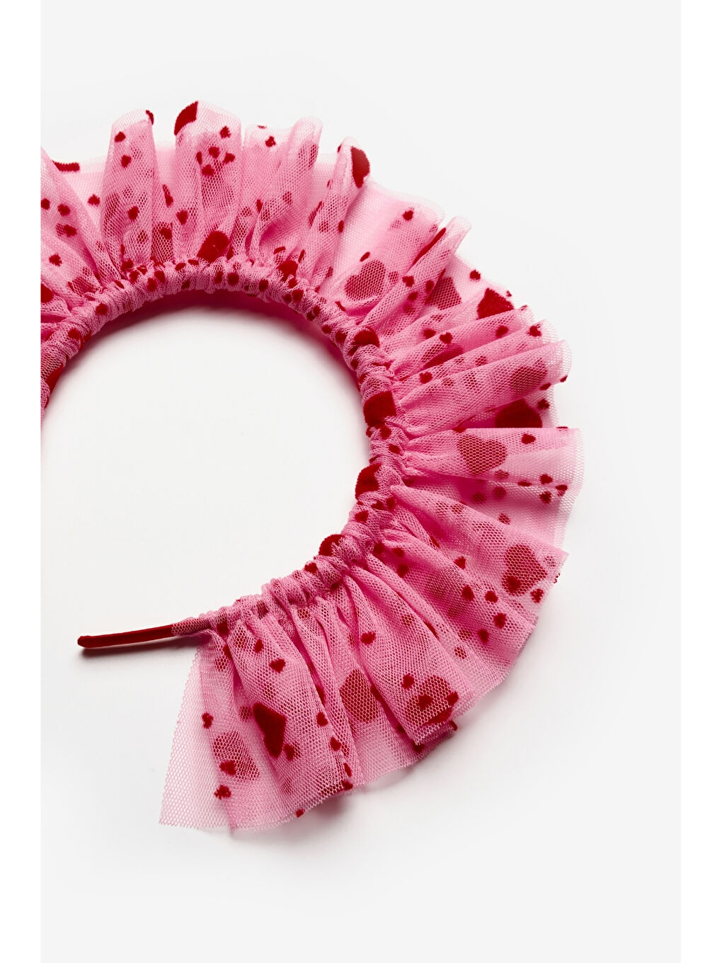 Pembe Flok Kalp Baskılı Kız Çocuk Tül Taç-1