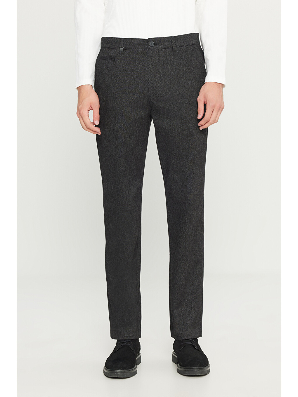 Erkek Siyah Pamuklu Regular Fit Normal Kesim Diagonal Desenli Yan Cepli Esnek Casual Pantolon