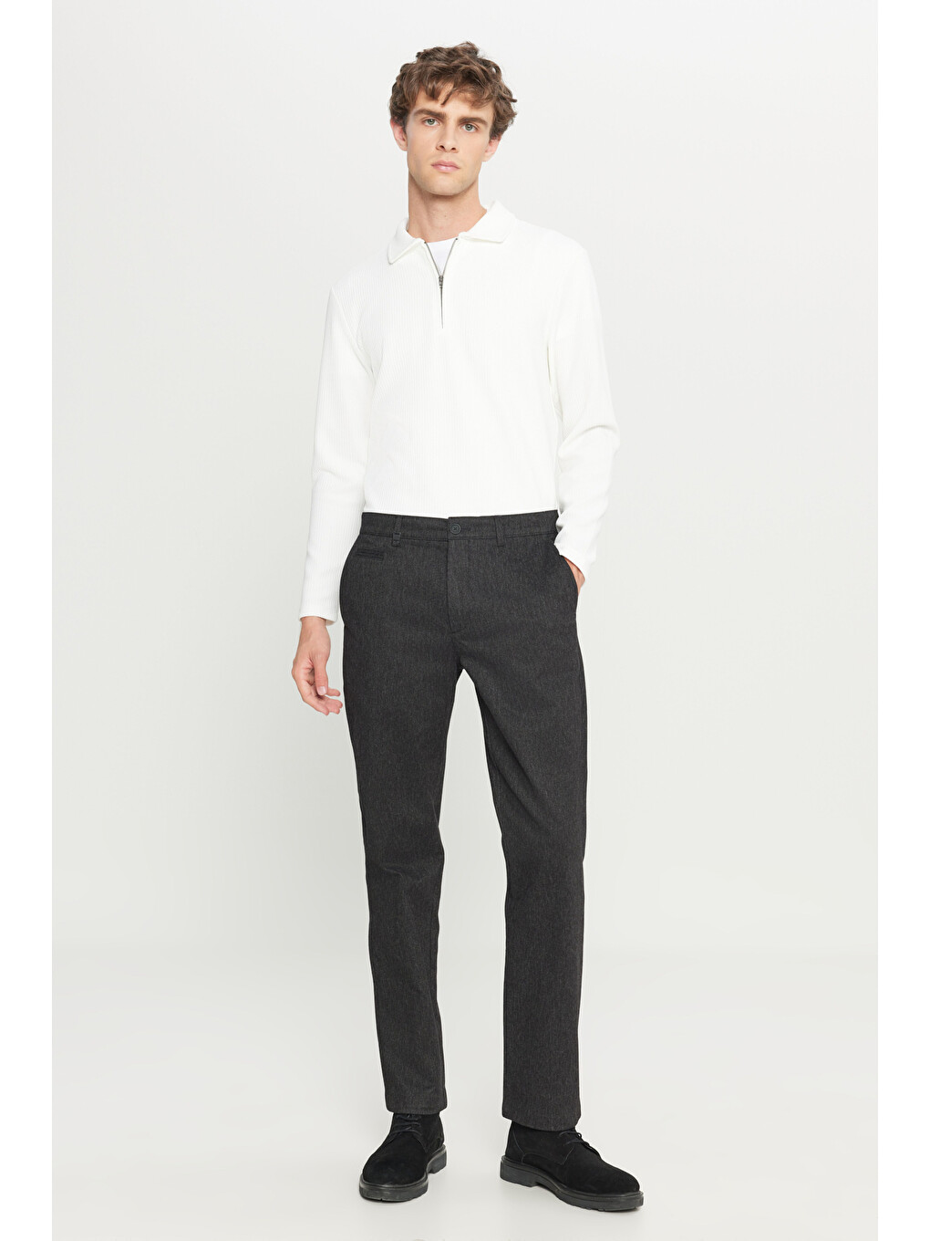 Erkek Siyah Pamuklu Regular Fit Normal Kesim Diagonal Desenli Yan Cepli Esnek Casual Pantolon-1
