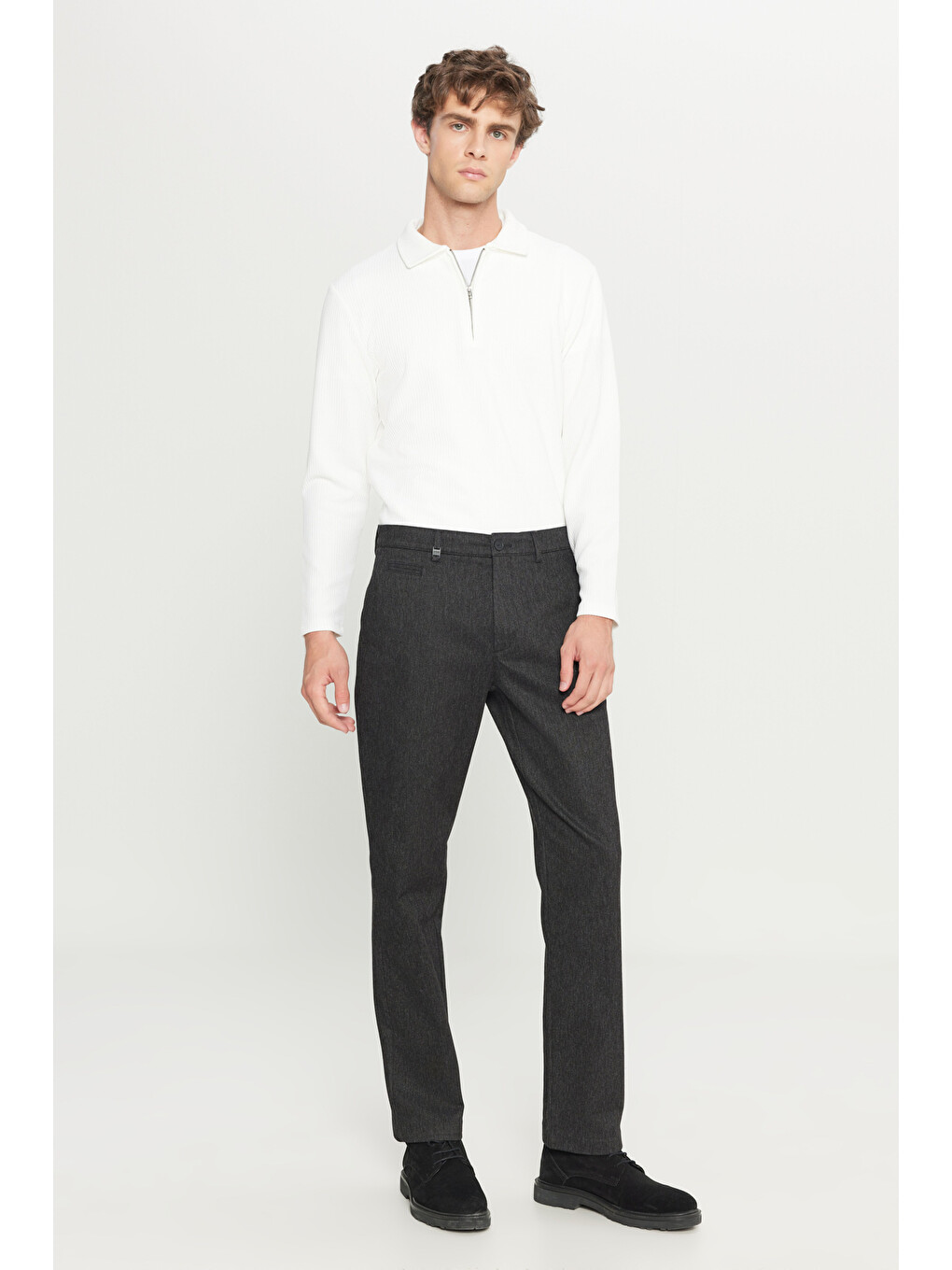 Erkek Siyah Pamuklu Regular Fit Normal Kesim Diagonal Desenli Yan Cepli Esnek Casual Pantolon-2