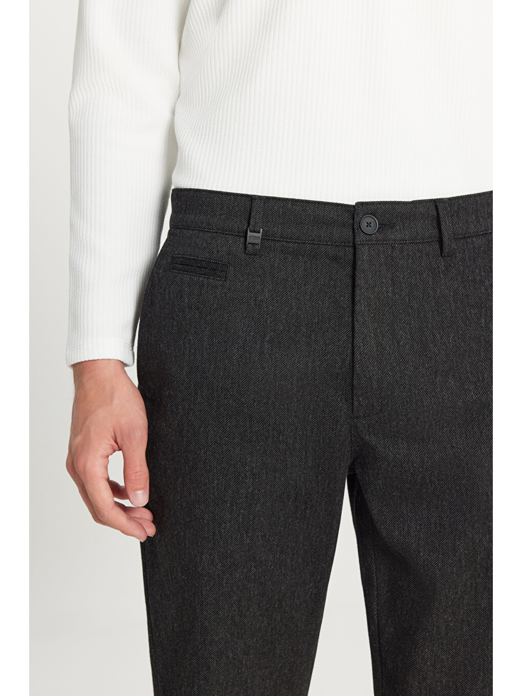 Erkek Siyah Pamuklu Regular Fit Normal Kesim Diagonal Desenli Yan Cepli Esnek Casual Pantolon-3