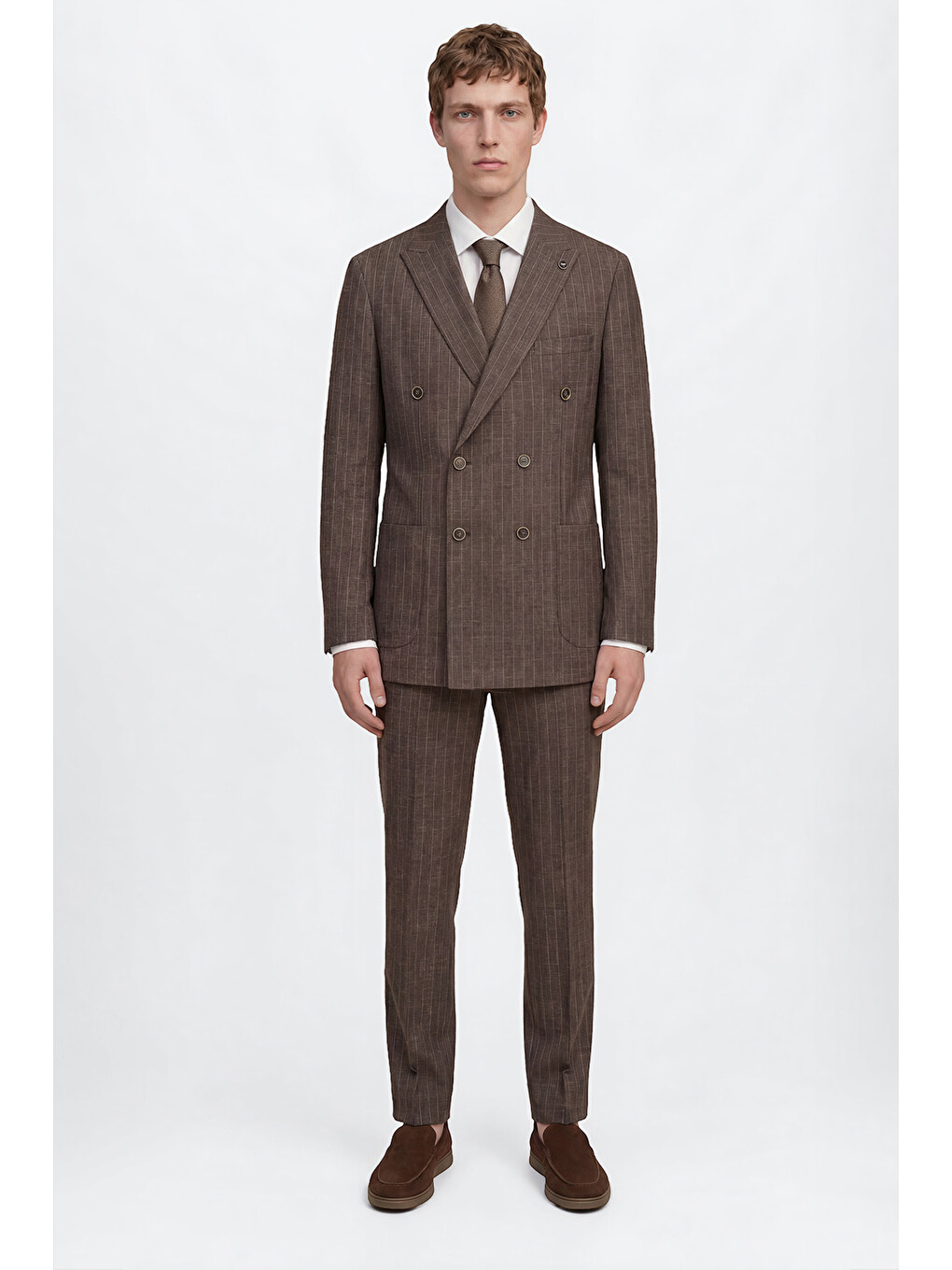 Erkek Kahverengi Yünlü Slim Fit Dar Kesim Kırlangıç Yaka Çizgili Torba Cepli Kruvaze Takım Elbise-3