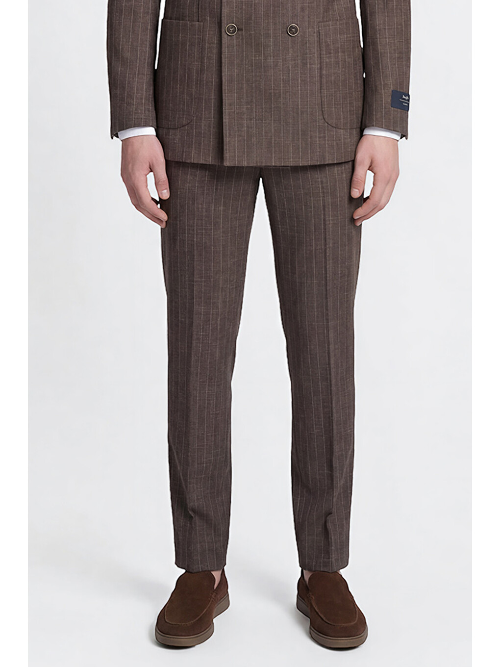Erkek Kahverengi Yünlü Slim Fit Dar Kesim Kırlangıç Yaka Çizgili Torba Cepli Kruvaze Takım Elbise-4