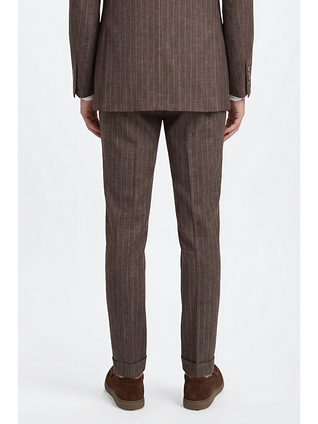 Erkek Kahverengi Yünlü Slim Fit Dar Kesim Kırlangıç Yaka Çizgili Torba Cepli Kruvaze Takım Elbise-5