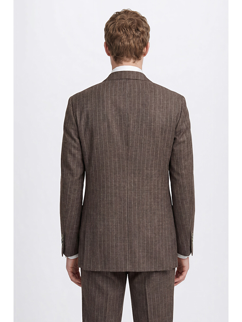 Erkek Kahverengi Yünlü Slim Fit Dar Kesim Kırlangıç Yaka Çizgili Torba Cepli Kruvaze Takım Elbise-6