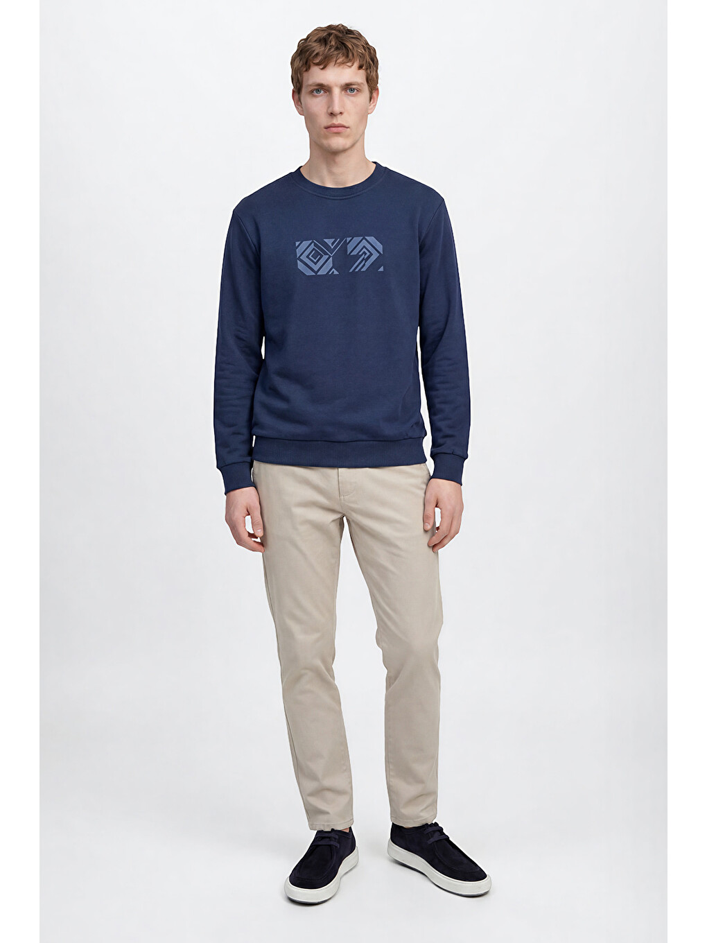 Erkek Lacivert Pamuklu Standart Fit Normal Kesim Bisiklet Yaka Sweatshirt-1