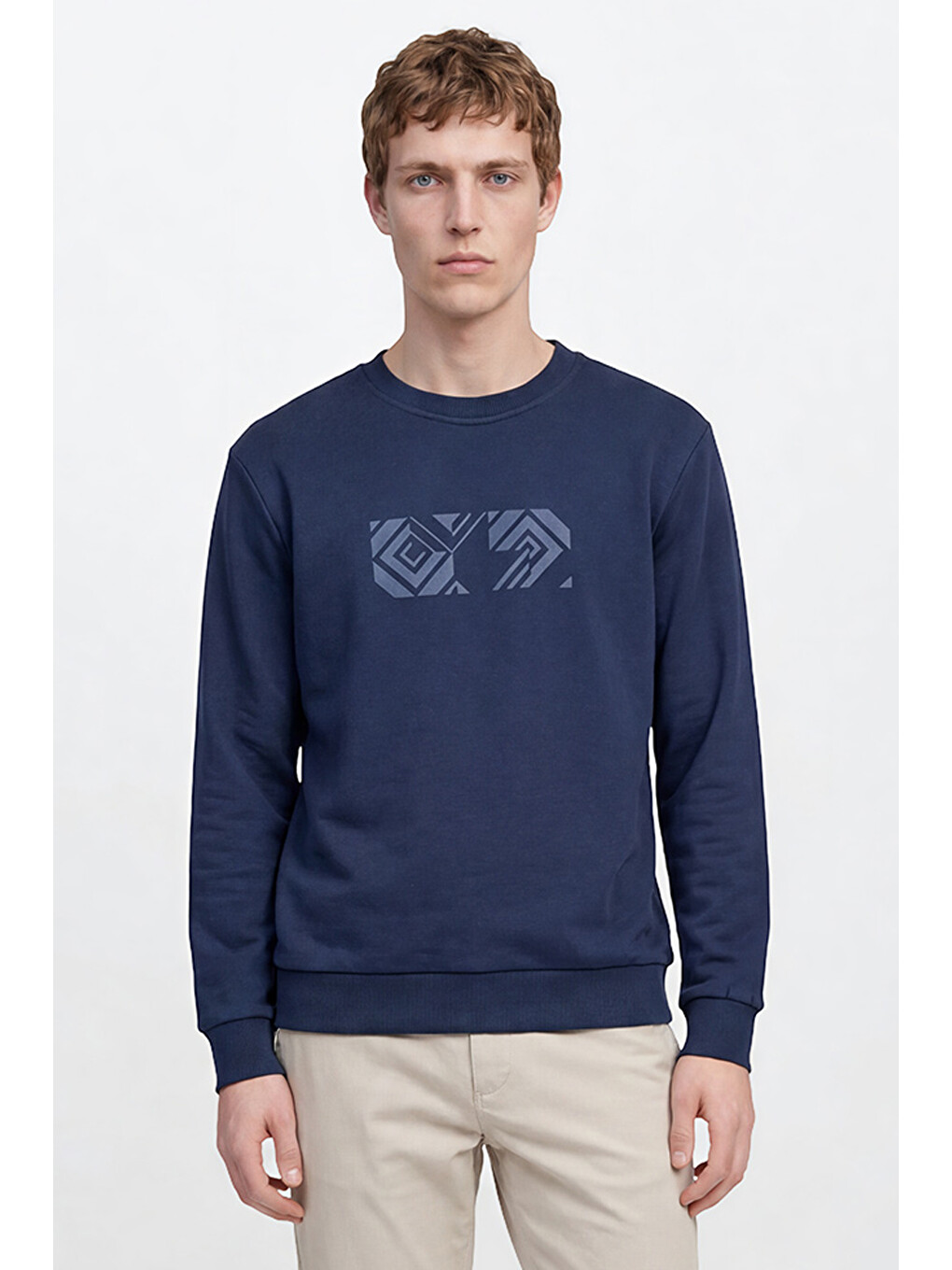 Erkek Lacivert Pamuklu Standart Fit Normal Kesim Bisiklet Yaka Sweatshirt-2