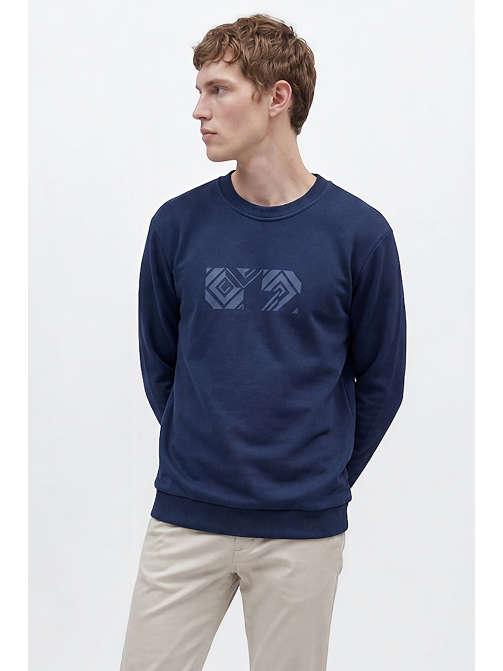 Erkek Lacivert Pamuklu Standart Fit Normal Kesim Bisiklet Yaka Sweatshirt-3