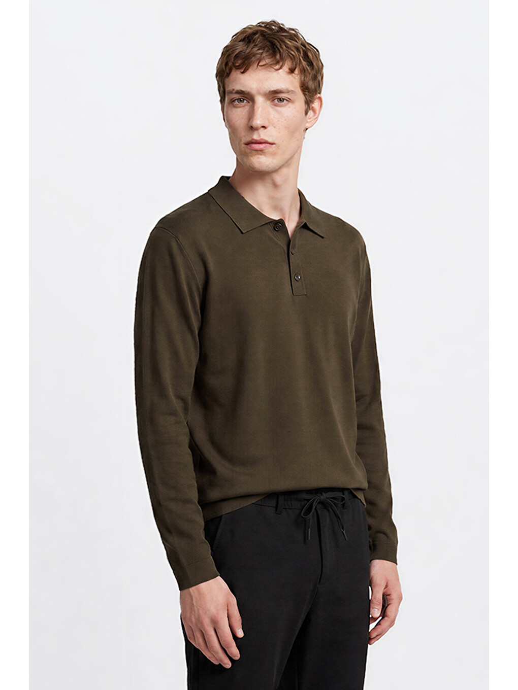 Erkek Haki Standart Fit Normal Kesim Polo Yaka Basic Triko Kazak