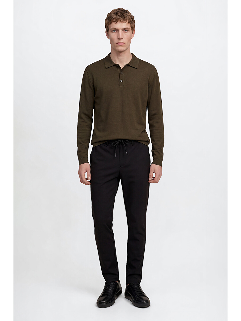 Erkek Haki Standart Fit Normal Kesim Polo Yaka Basic Triko Kazak-1