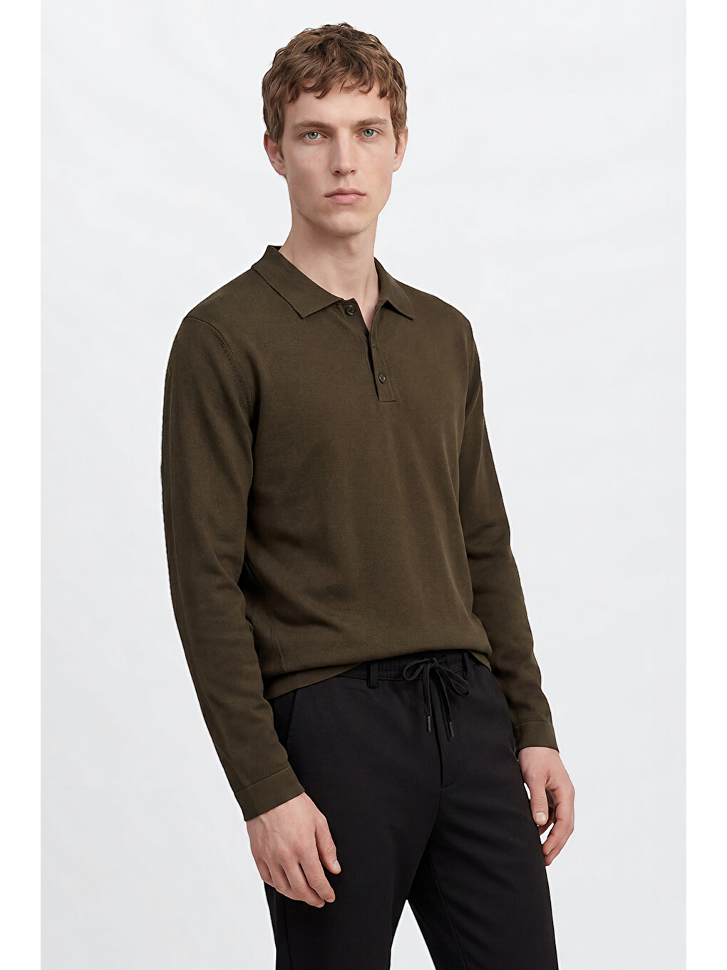 Erkek Haki Standart Fit Normal Kesim Polo Yaka Basic Triko Kazak-2