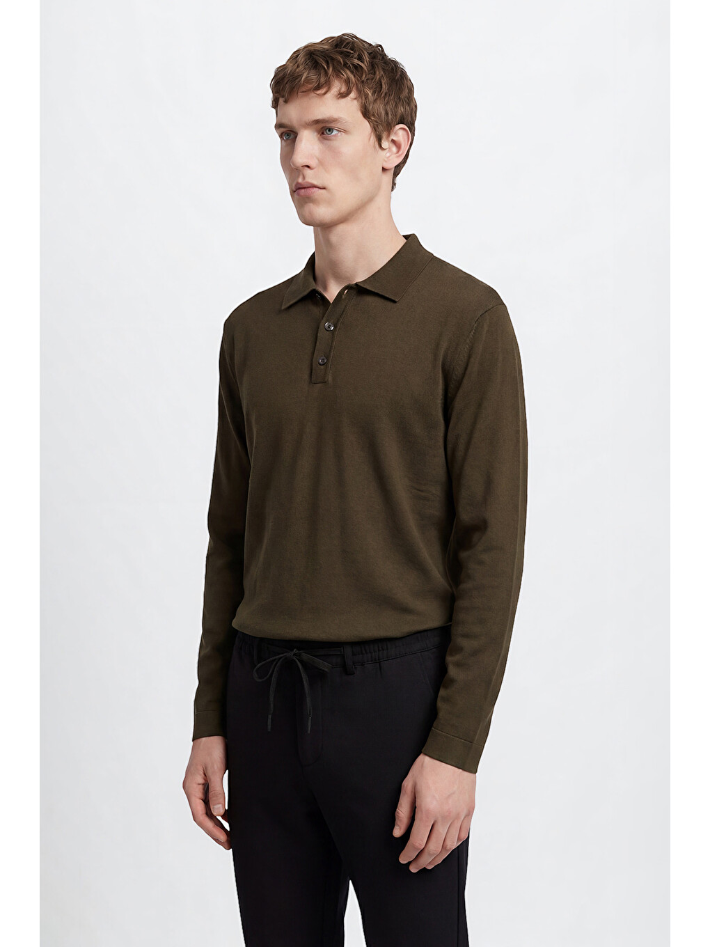 Erkek Haki Standart Fit Normal Kesim Polo Yaka Basic Triko Kazak-3