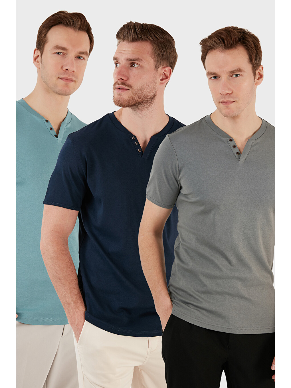 Yeşil Pamuklu Düğme Detaylı Slim Fit V Yaka 3'lü Paket %100 Pamuk Tişört 5902122S3