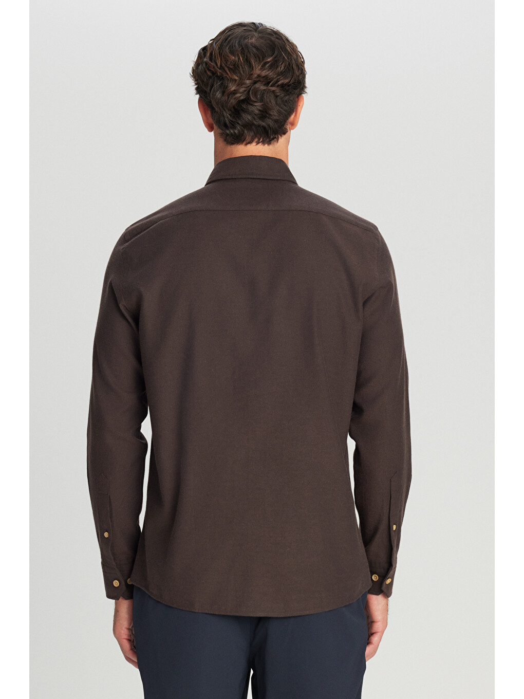 Erkek Kahverengi %100 Pamuk Slim Fit Dar Kesim Düğmeli Yaka Diagonal Desenli Flanel Gömlek-4