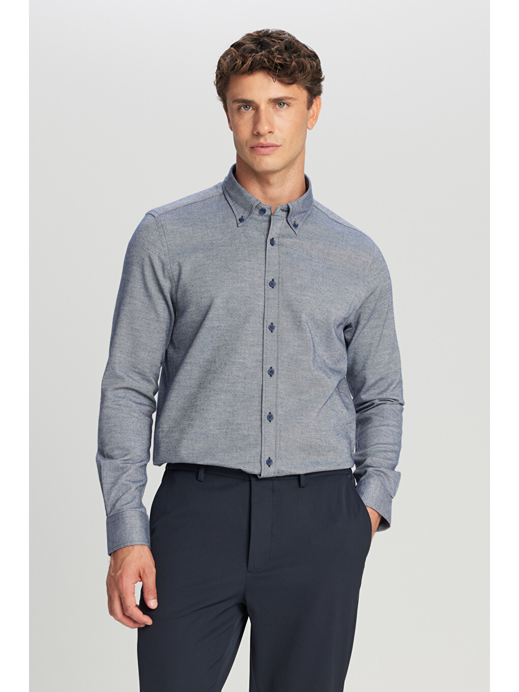 Erkek Lacivert %100 Pamuk Slim Fit Dar Kesim Düğmeli Yaka Diagonal Desenli Flanel Gömlek