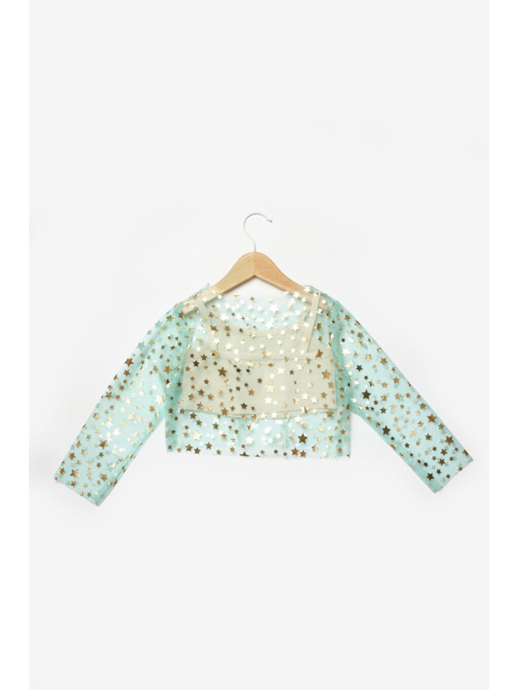 Yeşil Mint Uzun Kollu Yıldızlı Kız Çocuk Tül Crop-1
