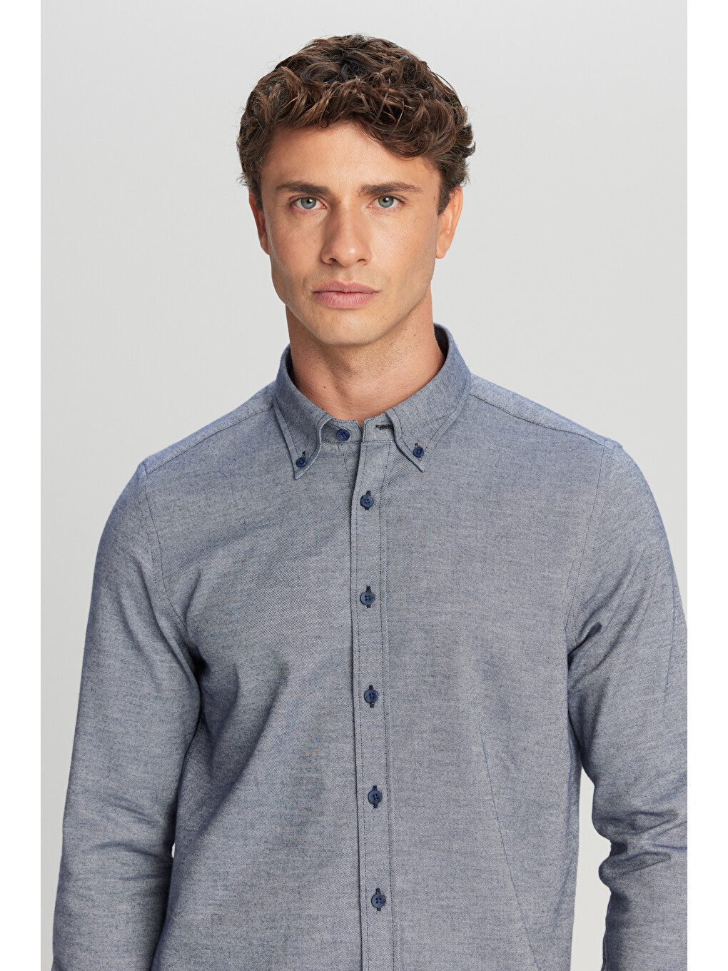 Erkek Lacivert %100 Pamuk Slim Fit Dar Kesim Düğmeli Yaka Diagonal Desenli Flanel Gömlek-2