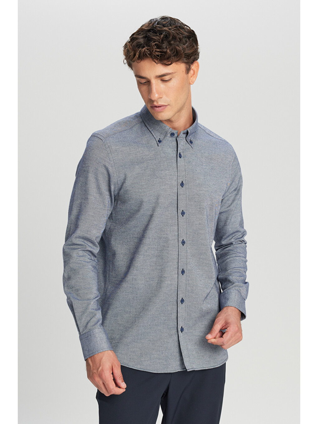 Erkek Lacivert %100 Pamuk Slim Fit Dar Kesim Düğmeli Yaka Diagonal Desenli Flanel Gömlek-3