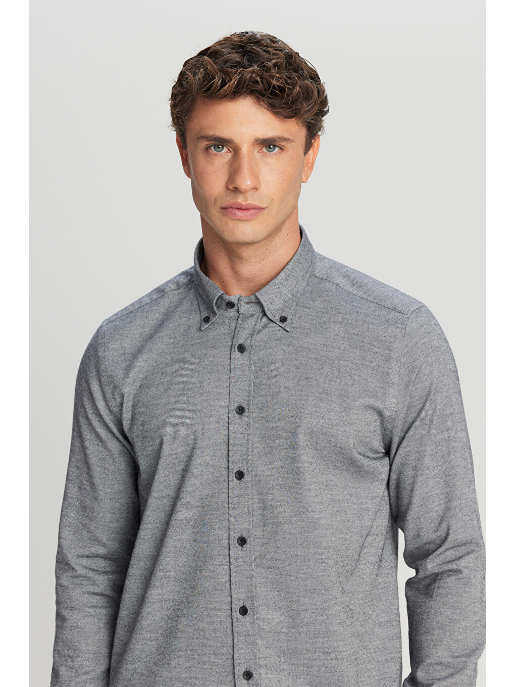Erkek Antrasit %100 Pamuk Slim Fit Dar Kesim Düğmeli Yaka Diagonal Desenli Flanel Gömlek-3