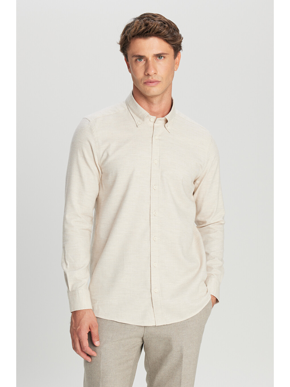 Erkek Bej %100 Pamuk Slim Fit Dar Kesim Düğmeli Yaka Diagonal Desenli Flanel Gömlek-2