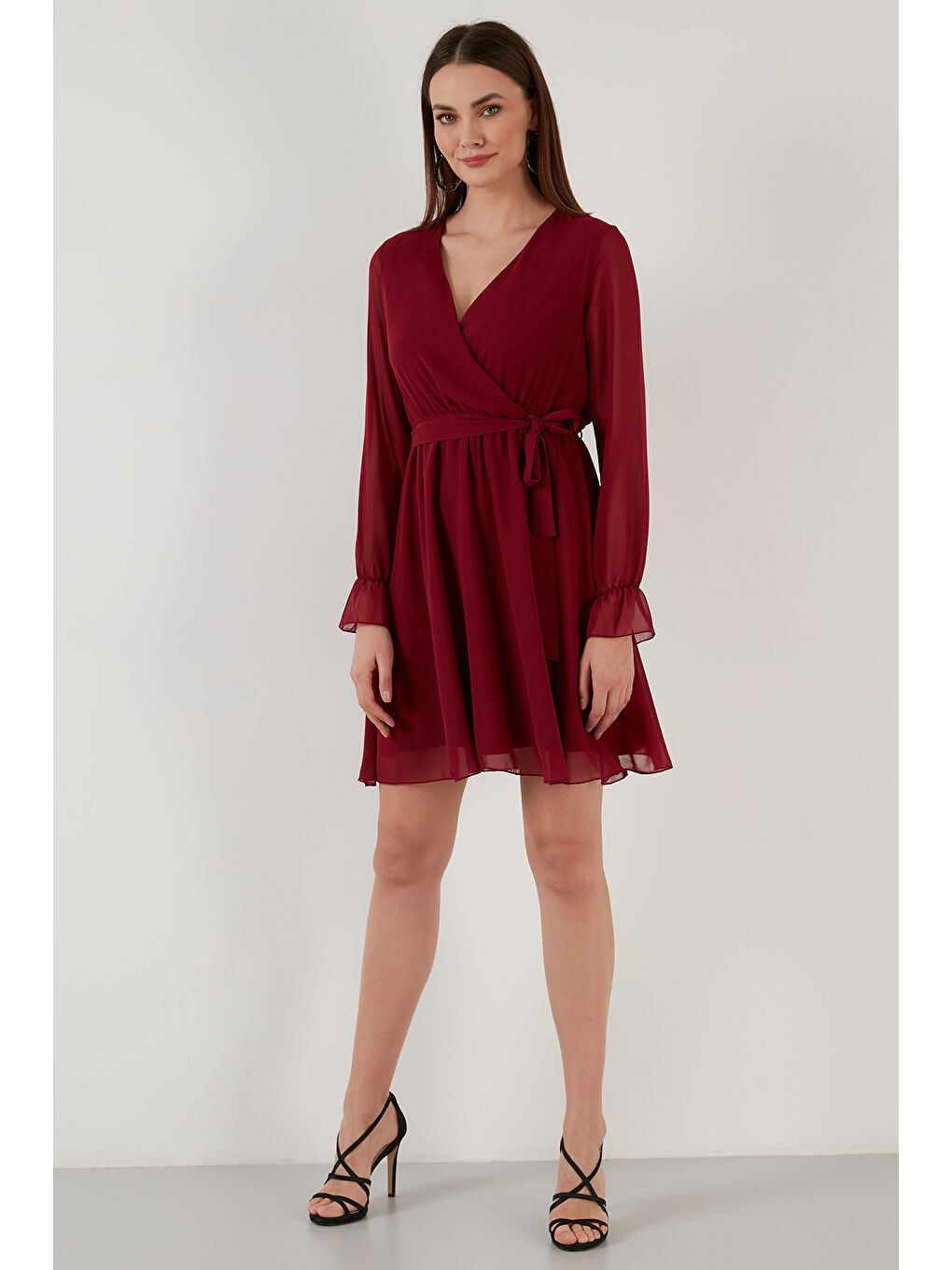 Bordo Kruvaze Yaka Bağlama Detaylı Şifon Mini Kadın Elbise 6051467-5
