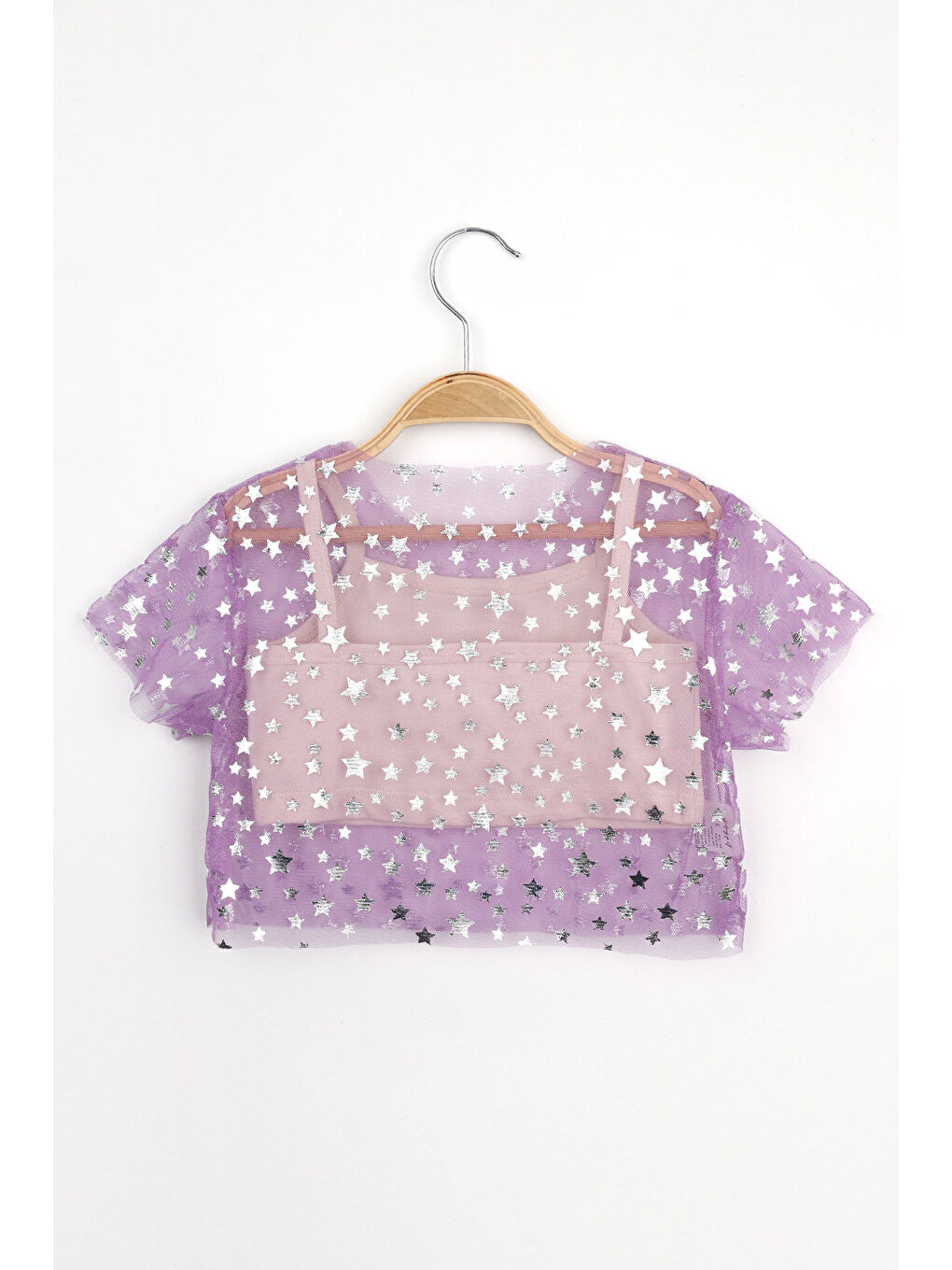Lila  Yıldız Baskılı Kız Çocuk Tül Crop Bluz-1