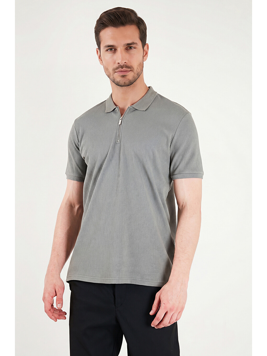 Haki Pamuklu Regular Fit Fermuarlı Polo Yaka %100 Pamuk Tişört 5902738-3