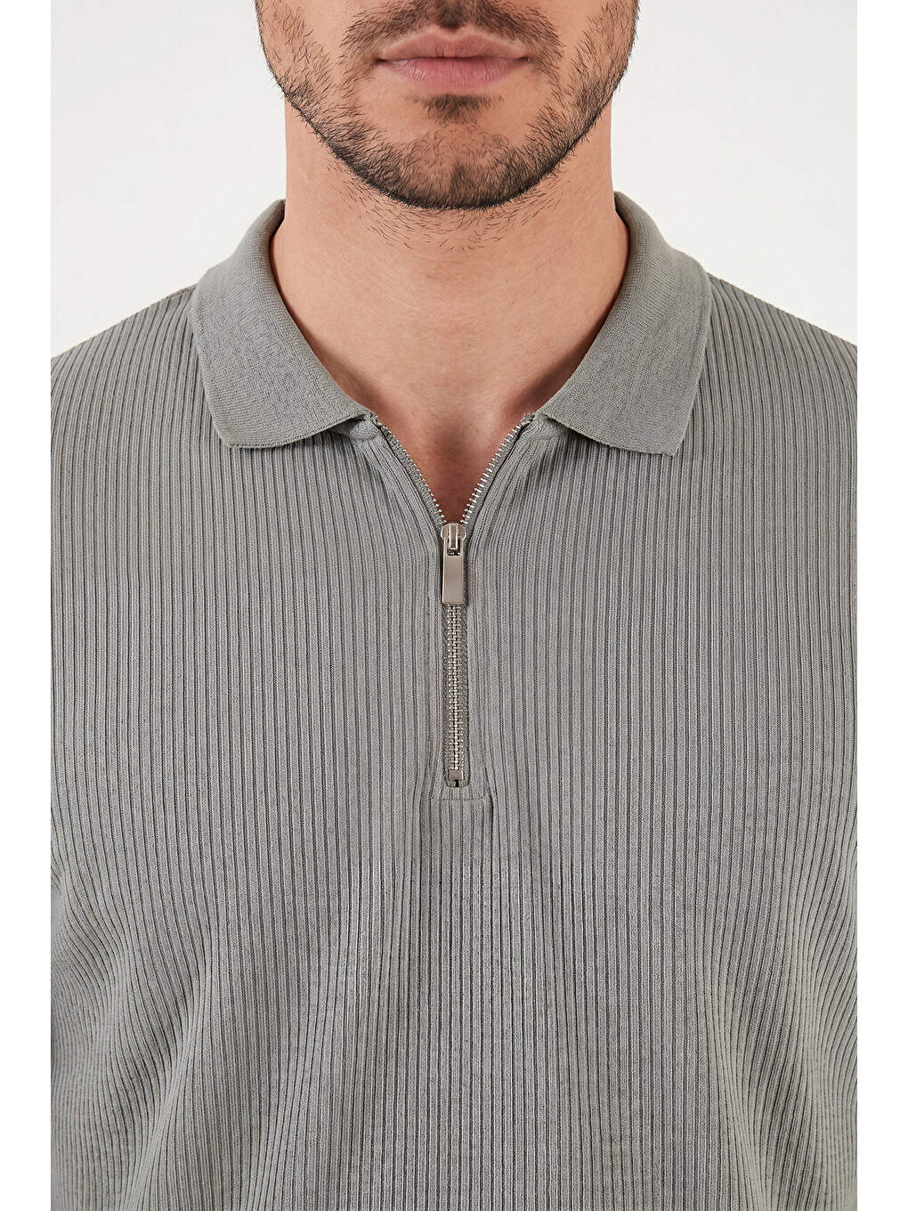 Haki Pamuklu Regular Fit Fermuarlı Polo Yaka %100 Pamuk Tişört 5902738-4