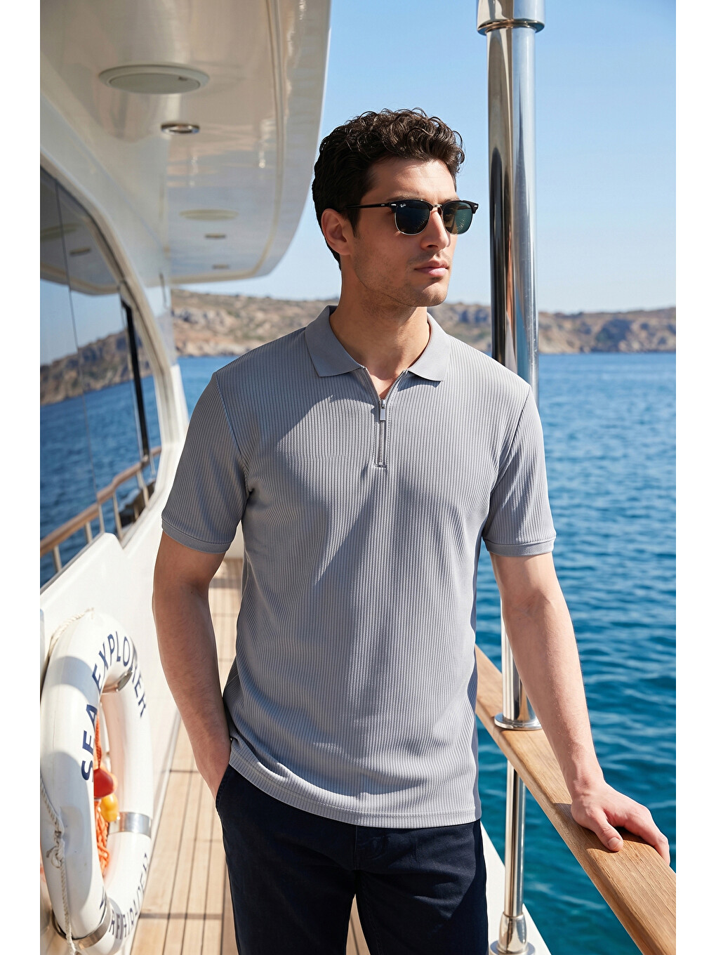Gri Pamuklu Regular Fit Fermuarlı Polo Yaka %100 Pamuk Tişört 5902738