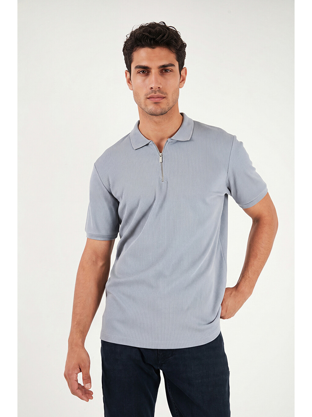 Gri Pamuklu Regular Fit Fermuarlı Polo Yaka %100 Pamuk Tişört 5902738-2