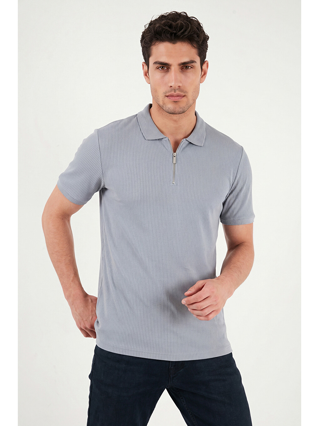 Gri Pamuklu Regular Fit Fermuarlı Polo Yaka %100 Pamuk Tişört 5902738-4